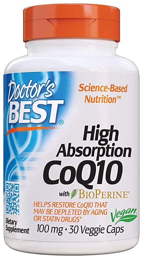 Veganer Coenzym Q10 100 MG mit Piperin Bioperin in 30 Kapseln, von DOCTOR'S BEST, zeigt die Kapseln auf weißem Hintergrund.