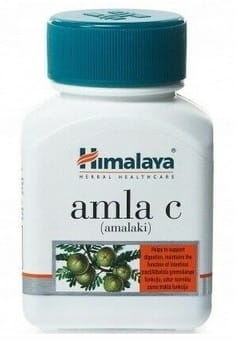 HIMALAYA Amla Kapseln, 60 Stück, natürliche Vitamin C Quelle in einer dunklen Flasche auf weißem Hintergrund