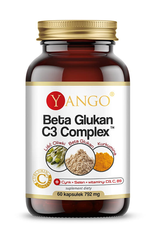 Beta-Glucan C3-Komplex Kapseln von YANGO, 60 Stück, Nahaufnahme der braunen Kapseln in einer Packung