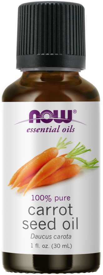 Karottensamenöl in 30 ml Flasche von NOW FOODS, dunkle Glasflasche, Nahaufnahme des Öls in einer Pipette.