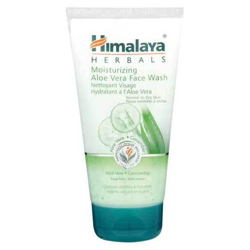Feuchtigkeitsspendendes Gesichtswaschgel mit Aloe Vera von HIMALAYA, 150 ml, zeigt die Flasche mit grünem Aloe Vera Blätter.