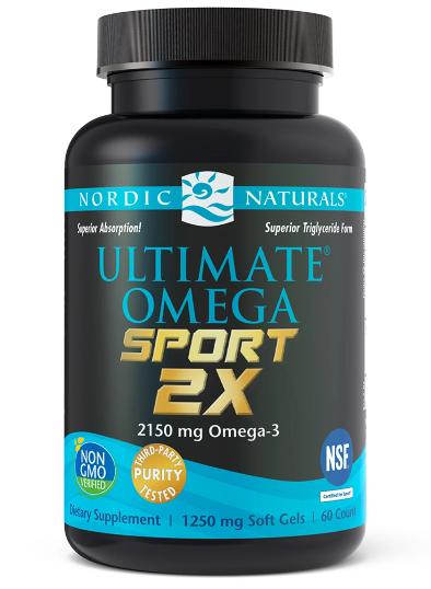 NORDIC NATURALS Ultimate Omega Sport 2x 60 Kapseln, Fischöl-Kapseln für sportliche Ernährung, auf weißem Hintergrund.