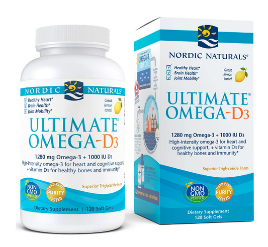 NORDIC NATURALS Ultimate OmegaD3 Kapseln, 120 Stück, zeigt die orangefarbenen Kapseln in einer offenen Packung auf weißem Hintergrund.
