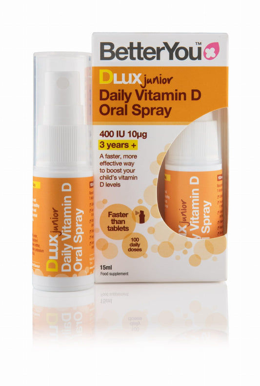 Kinder Vitamin D Spray D400 von BETTERYOU, 15 ml Flasche, zeigt das Produkt mit kindgerechtem Design und Sprayöffnung.