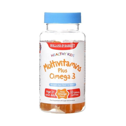 Gesunde Kinder-Multivitamine mit OMEGA 3 in Form von 30 Gelees von HOLLAND & BARRETT, farbige Fruchtgummis auf weißem Hintergrund.
