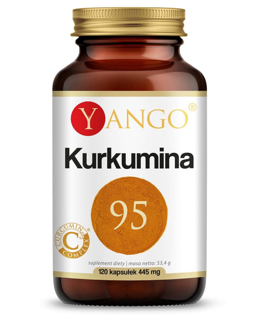 Gelbe Kapseln von YANGO Curcumin 95™ in einer offenen Packung, Nahaufnahme der 120 Kapseln auf weißem Hintergrund