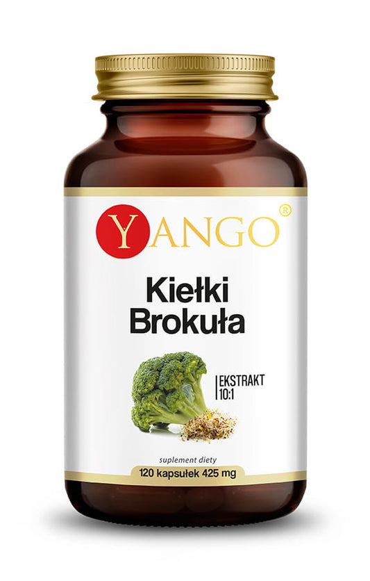 YANGO Brokkolisprossen-Extrakt 10:1 in 120 Kapseln, Nahaufnahme der Kapseln und Verpackung