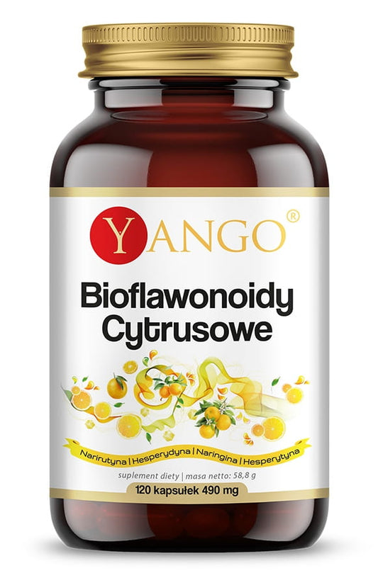 YANGO Citrus-Bioflavonoide Kapseln, 120 Stück, close-up von weißen Kapseln in einer Packung auf weißem Hintergrund