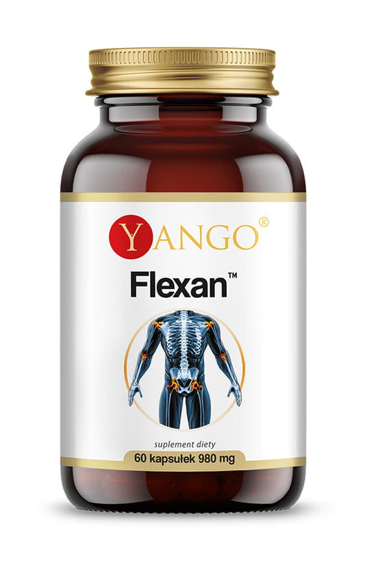 Flexan ™ 60 YANGO-Kapseln in einer offenen Packung, zeigt die gelben Kapseln und Verpackung.
