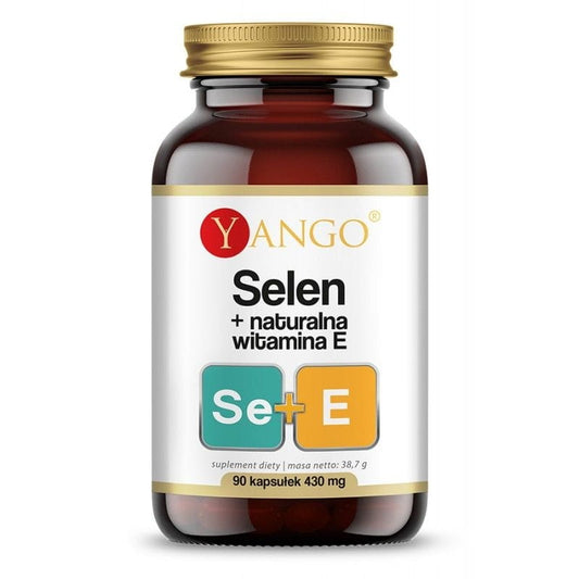 Gelbe Selen- und Vitamin E-Kapseln in einer weißen Packung, YANGO Nahrungsergänzungsmittel, Nahaufnahme der Kapseln