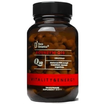 Coenzym Q10 Kapseln von BOCA BOTANICA, 100 Stück, Nahaufnahme der braunen Kapseln auf weißem Hintergrund