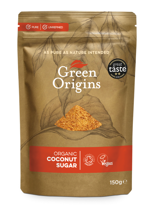 Bio-Kokoszucker von GREEN ORIGINS, 150 g, in einer offenen Packung mit Kokoszucker in Kristallen sichtbar.
