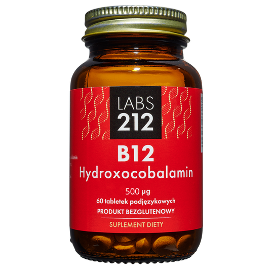 B12-Hydroxycobalamin Tabletten von LABS212, 60 Stück, Nahaufnahme der Verpackung und Tabletten