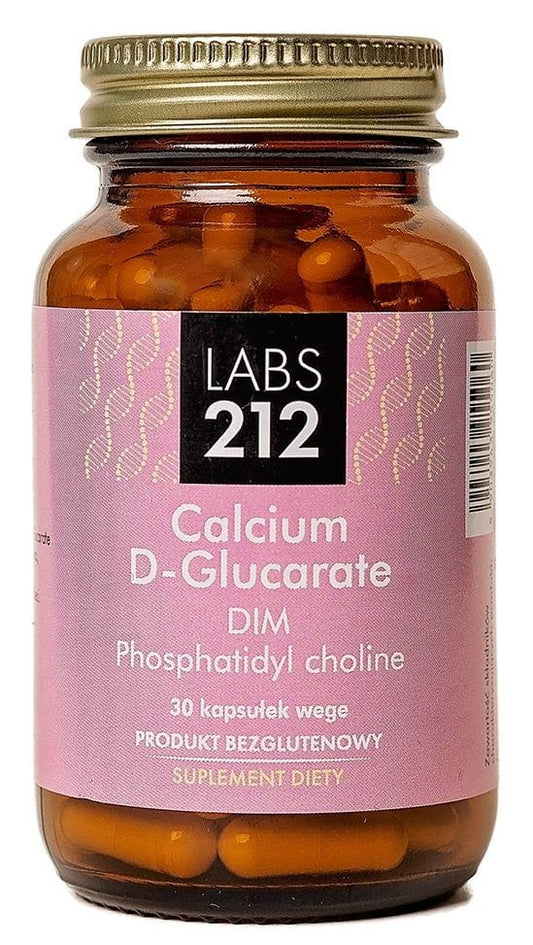 Calciumglucarat Dim Kapseln von LABS212, 30 Stück, Nahaufnahme der Kapseln in einer Packung.