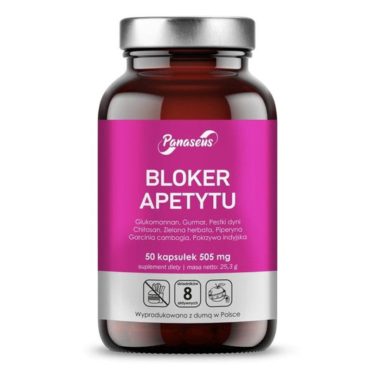 PANASEUS Appetitblocker 50 Kapseln, Nahaufnahme der Verpackung mit Kapseln gegen Heißhunger, Nahrungsergänzungsmittel