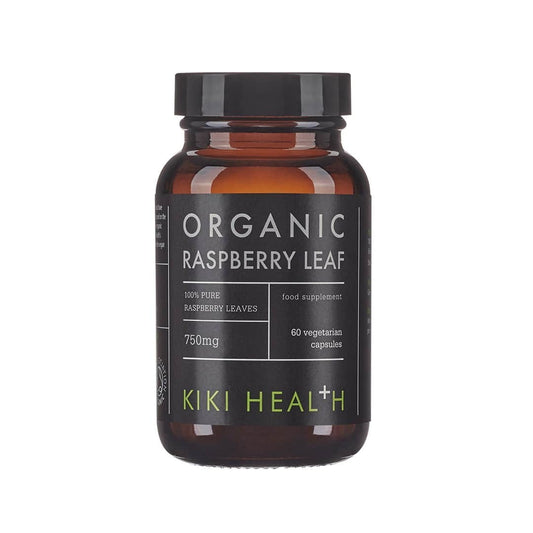 Rote Himbeerblätter in 60 Kapseln von KIKI HEALTH, Nahaufnahme der Verpackung und Kapseln.