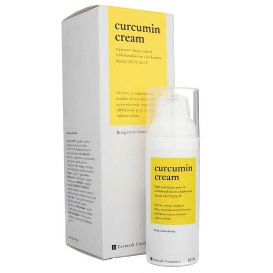 Feuchtigkeitscreme mit Curcumin von DERMASH COSMETICS, 50 ml, cremige Textur, für gepflegte Haut, sichtbare Anwendung auf Gesicht