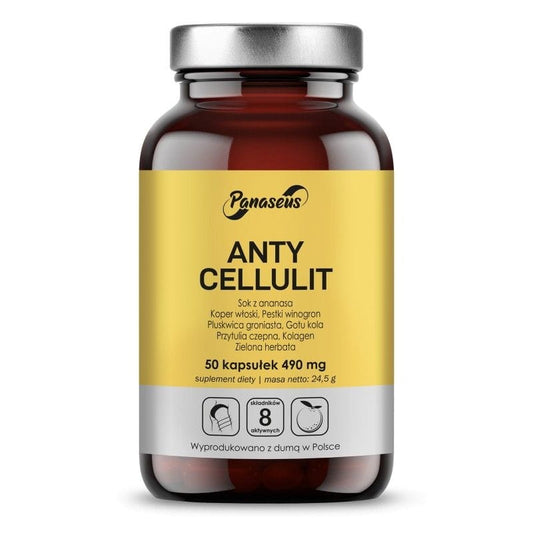 Anti-Cellulite 50 PANASEUS-Kapseln, Nahaufnahme der Verpackung mit Kapseln, für straffere Haut und bessere Durchblutung.