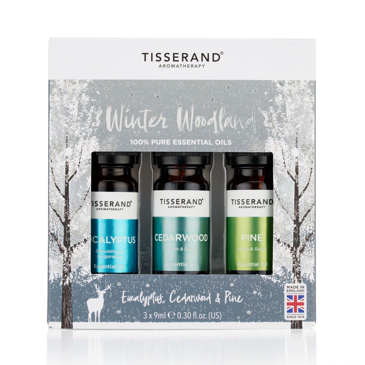 Drei TISSERAND Aromatherapie Winterwald-Ätheröle in Weihnachtsverpackung, je 9 ml, mit natürlichem Winterdüfte-Design