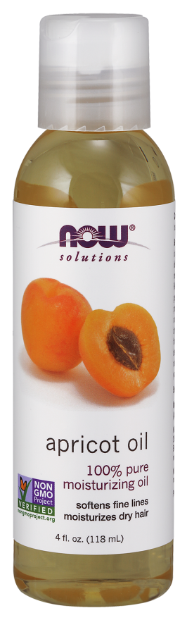 Aprikosenkernöl von NOW FOODS SOLUTIONS in 118 ml Flasche, flüssiges Öl mit goldener Farbe und natürlichem Glanz.