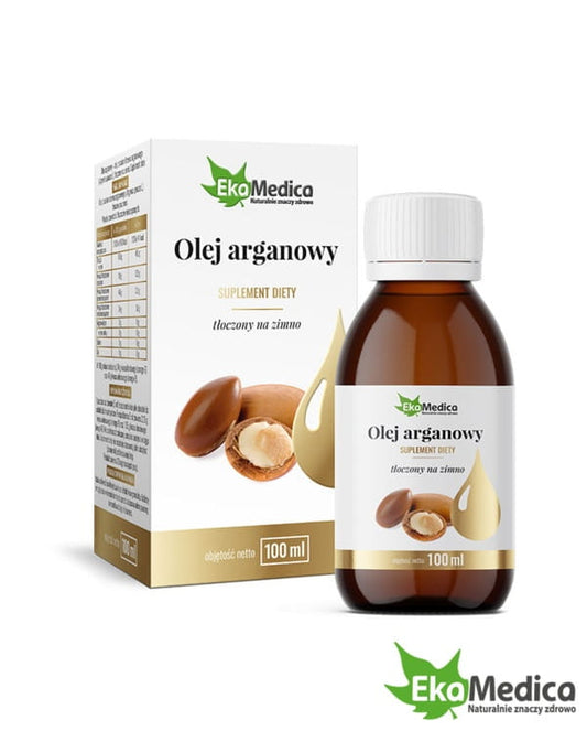 Arganöl von EKAMEDICA in 100 ml Flasche, flüssiges, goldfarbenes Öl, ideal für Haut und Haare, Nahaufnahme der Flasche auf weißem Hintergrund