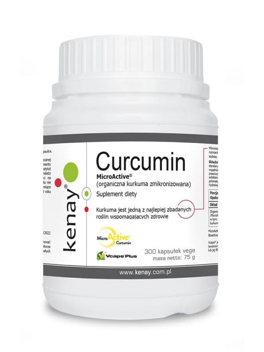 Kapseln von KENAY Curcumin microactive® 300, vitaminähnliche Nahrungsergänzung in einer transparenten Flasche.