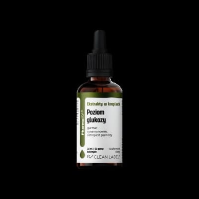 Glukosespiegel-Extrakte in Tropfen von PHARMOVIT, glutenfrei, 30 ml Flasche, Nahaufnahme des Produkts.