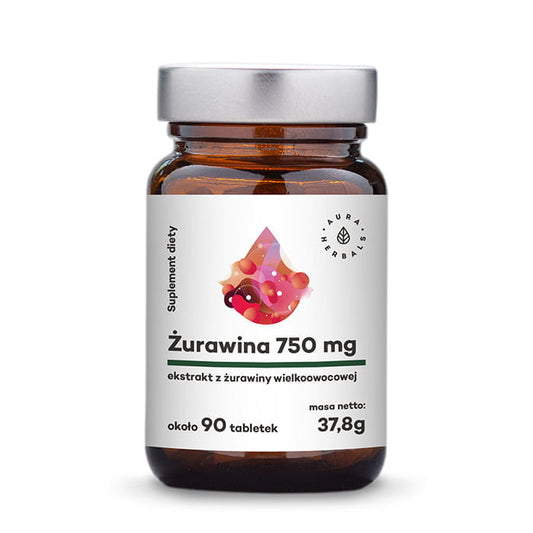 Cranberry 90 Tabletten von AURA HERBALS, Nahaufnahme der Packung mit Tabletten auf weißem Hintergrund