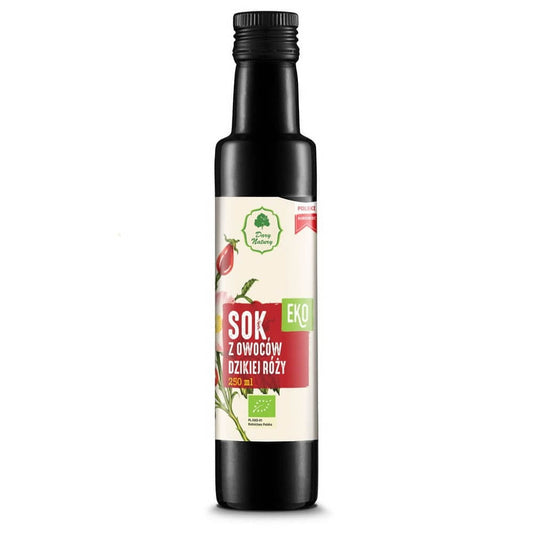Bio Hagebuttensaft von DARY NATURY in 250 ml Flasche, zeigt roter Hagebutten-Extrakt in Glasflasche.