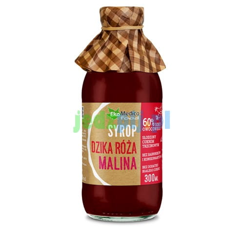 Hagebutten-Himbeersirup in 300ml Flasche, EKAMEDICA, mit rotem Fruchtsirup und fruchtigen Beeren, Blick auf die Flasche