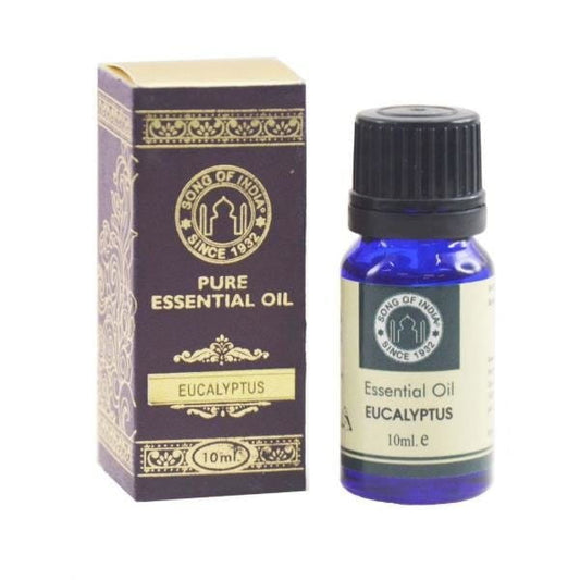 Ätherisches Eukalyptusöl in 10 ml Flasche von SONG OF INDIA, zeigt die Flasche und Etikett auf weißem Hintergrund