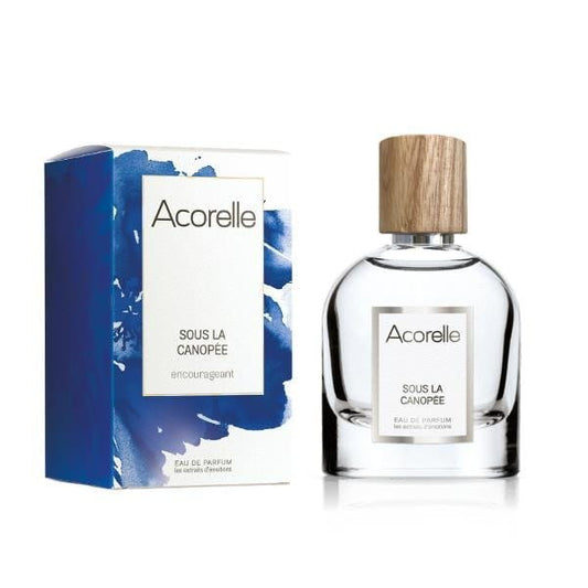 Bio-Sous-la-Canopée Eau de Parfum von ACORELLE, Flasche mit blumenförmigem Design, zeigt das elegante Parfümfläschchen.