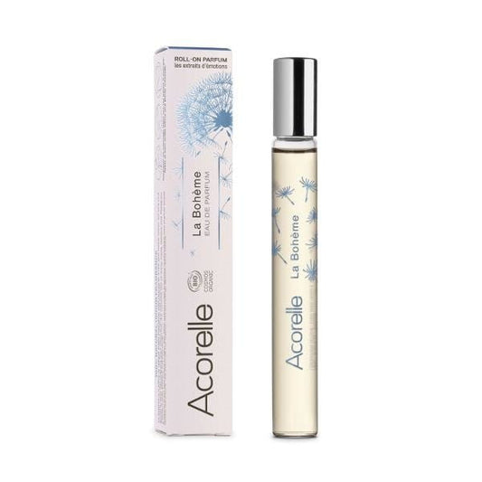 Bio Eau de Parfum Rolle auf la bohème von ACORELLE, tragbare Parfümrolle mit blumigem Duft, auf einem weißen Hintergrund.