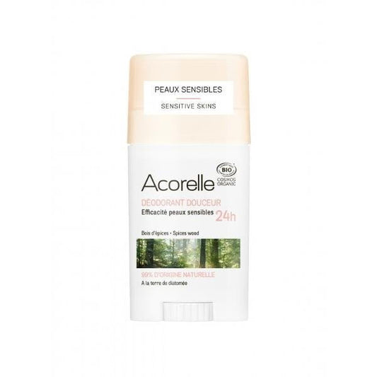 Bio-Deodorant von ACORELLE mit Kieselgur, Gewürzen und Holz, in dekorativer Verpackung sichtbar im Bild