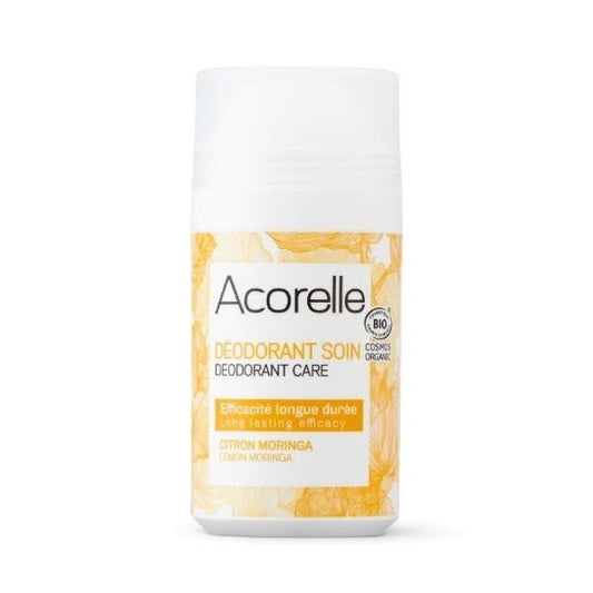 Bio-Deo Roll-On Zitrone und Moringa von ACORELLE, natürlicher Deodorant in Roll-On-Flasche mit Zitrus- und Moringarückständen.