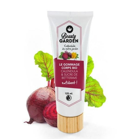 Bio-Körper-Zuckerpeeling mit Calendula von BEAUTY GARDEN, sichtbare Verpackung und Produkttext auf der Verpackung