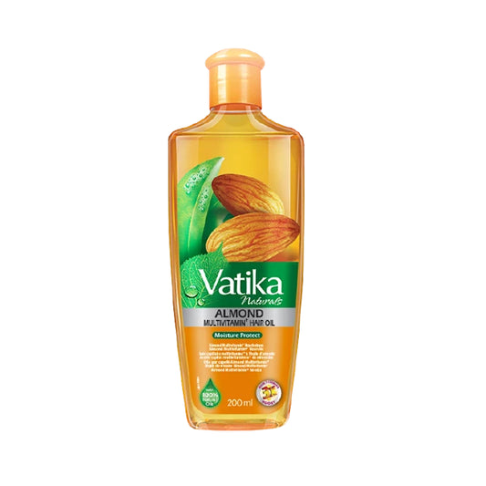 Feuchtigkeitsspendendes Vatika Mandel-Haaröl von DABUR in 200ml Flasche, zeigt eine offene Flasche mit Mandel-Haaröl.