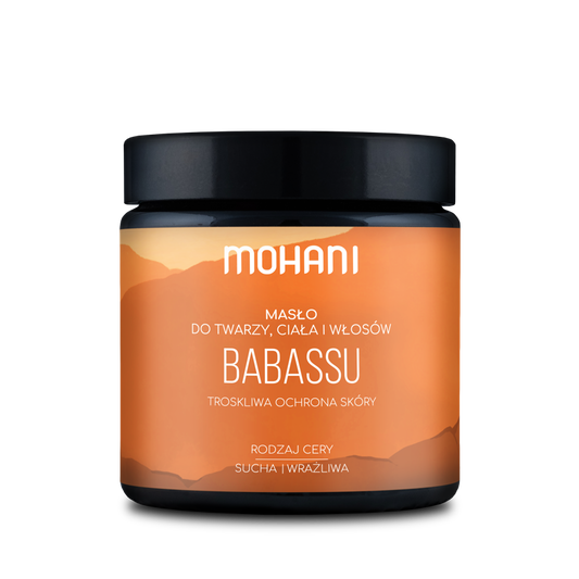 Hanf- und Babassu-Butter von MOHANI in 100 g, cremige Textur, ideal für Hautpflege, in einem Glasbehälter.