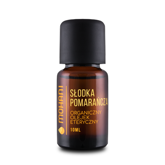 Ätherisches Bio-MOHANI-Süßorangenöl in einer Flasche, frisch und aromatisch, ideal für natürliche Pflege und Aromatherapie.
