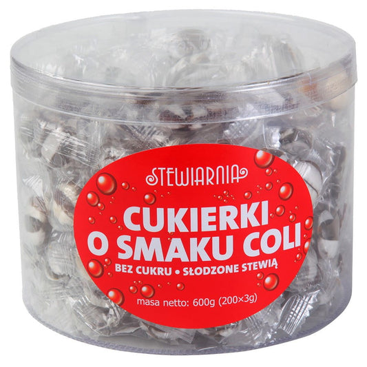 Zuckerfreie Cola Bonbons in einer 600g Tube von STEWIARNIA, ca. 200 Stück, mit Cola-Geschmack und buntem Design