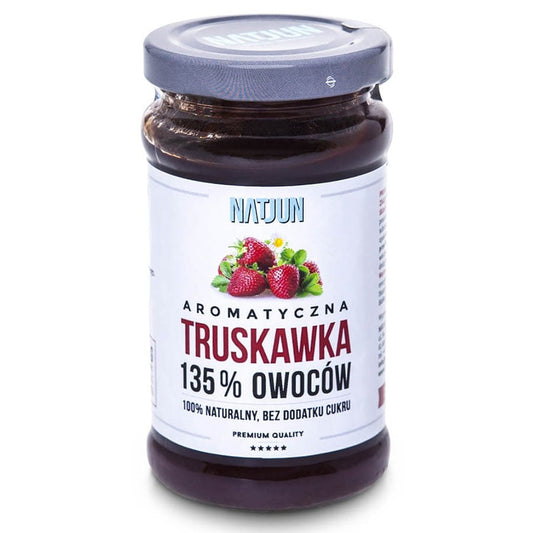 Erdbeermarmelade von NATJUN, zuckerfrei, mit 135% Fruchtgehalt, in 250g Glas, frische rote Erdbeeren sichtbar