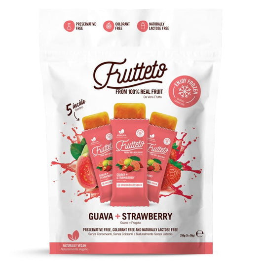 Erdbeer-Guava-Sorbet zum Einfrieren von FRUTTETO, 5 x 50 g, cremiges, rotes Sorbet mit Fruchtstücken in einer Schüssel