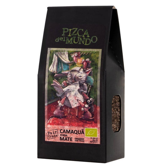 Bio Camaquã Yerba Mate von PIZCA DEL MUNDO, geröstet, 100g, in Packung, sichtbarer Produktbehälter und Markenlabel