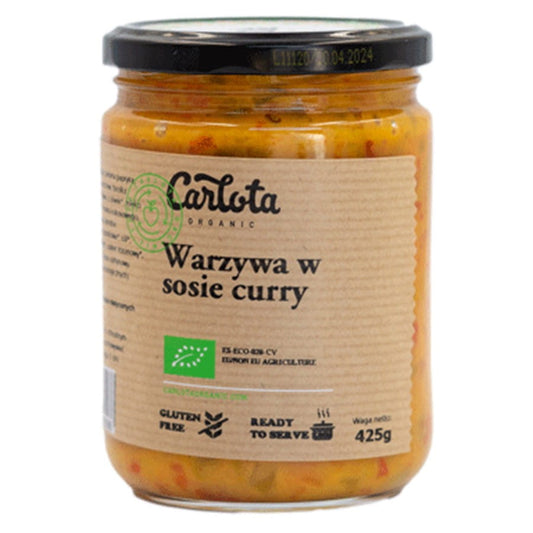 Bio-Gemüse in Currysauce von CARLOTA ORGANIC, 425g, frisch zubereitet, vegetarisch, in einer weißen Schüssel.