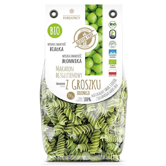 Grüne, glutenfreie Erbsennudeln "świderek" von FABIJAŃSCY, Bio-Qualität, 250g Packung, frisch und naturbelassen