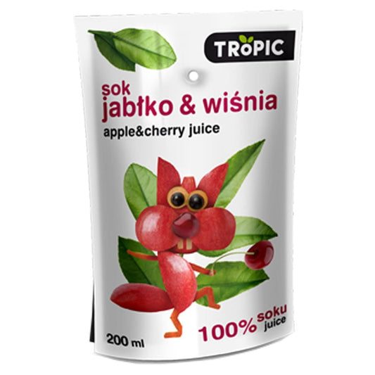 Apfel-Kirschsaft ohne Zuckerzusatz in 200ml TROPIC Flasche, frischer Fruchtsaft mit Apfel- und Kirschgeschmack.