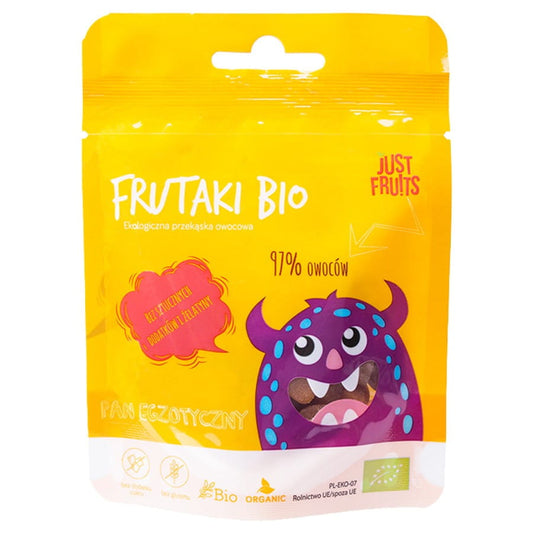 Bio exotischer Fruchtsnackpfanne von FRUTAKI, 50g, mit bunten getrockneten Früchten in einer dekorativen Schale.