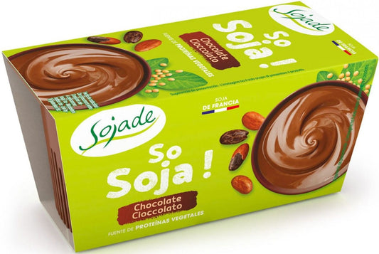 Bio glutenfreies Soja-Schoko-Dessert von SOJADE, zwei Packungen à 100 g, cremige Schokoladendessert mit Soja, auf einem Teller serviert