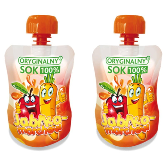 Apfel- und Karottensaft 100% NFC in 110ml Flasche von ORYGINALNY SOK, frisch und naturbelassen, zeigt die Flasche vor hellem Hintergrund.