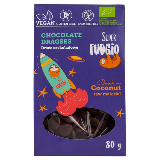 Glutenfreie Bio-Schokoladen-Dragees von SUPER FUDGIO in 80g Packung, mit cremiger Schokoladenfüllung und knackiger Hülle